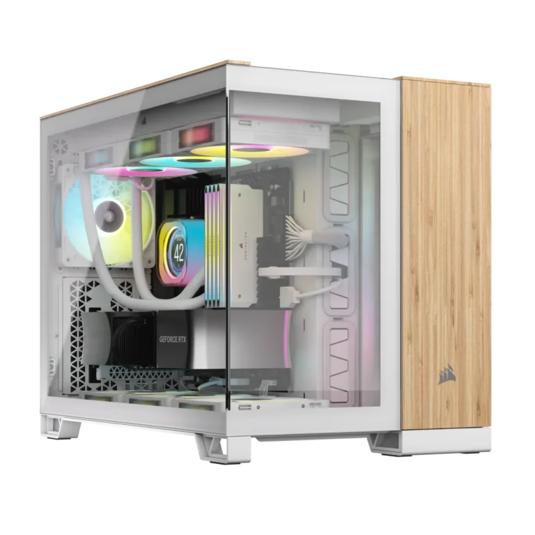 2500X Dual Chamber Micro ATX Case – White/Bamboo Wood